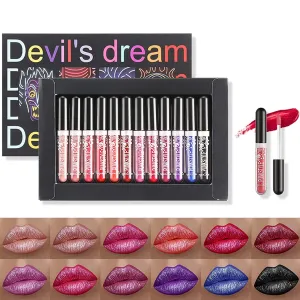 12-Piece Waterproof Glitter Lip Gloss Collection - Metallic Liquid Lipstick Set for All-Day Shine