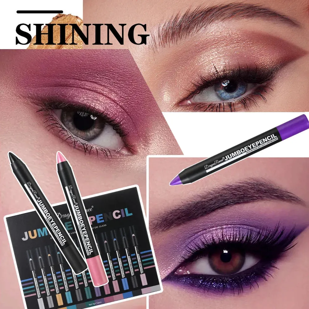 12Pcs/Box Glitter Metallic Eye Shadow Pencil Set – Waterproof Shiny Eyeliner in Pearl Green, Gold, Purple, Silkworm Makeup Kit