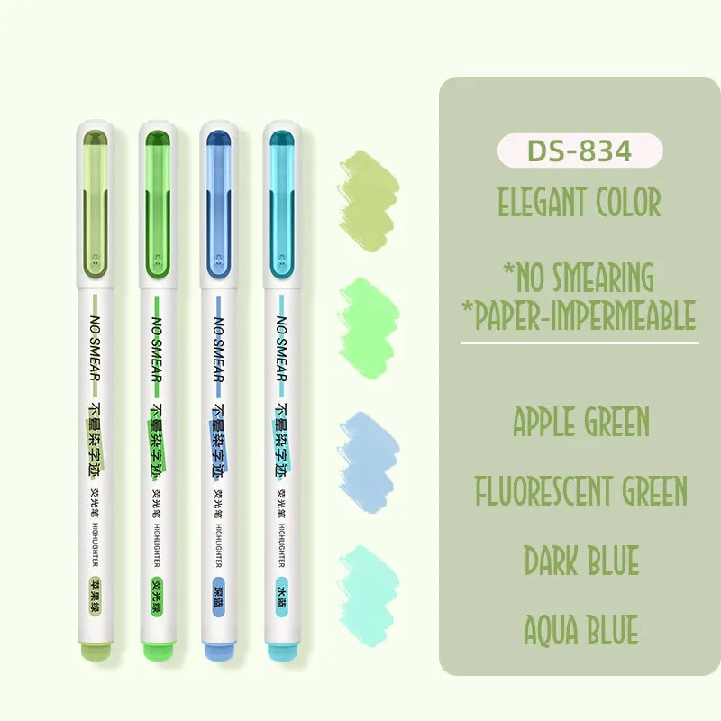 Dianshi NO SMEAR FLUORESCENT Color  Highlighter Set Refillable Highlighter Set Eco-Conscious Seven Series 4 Pen Set | Ds-834