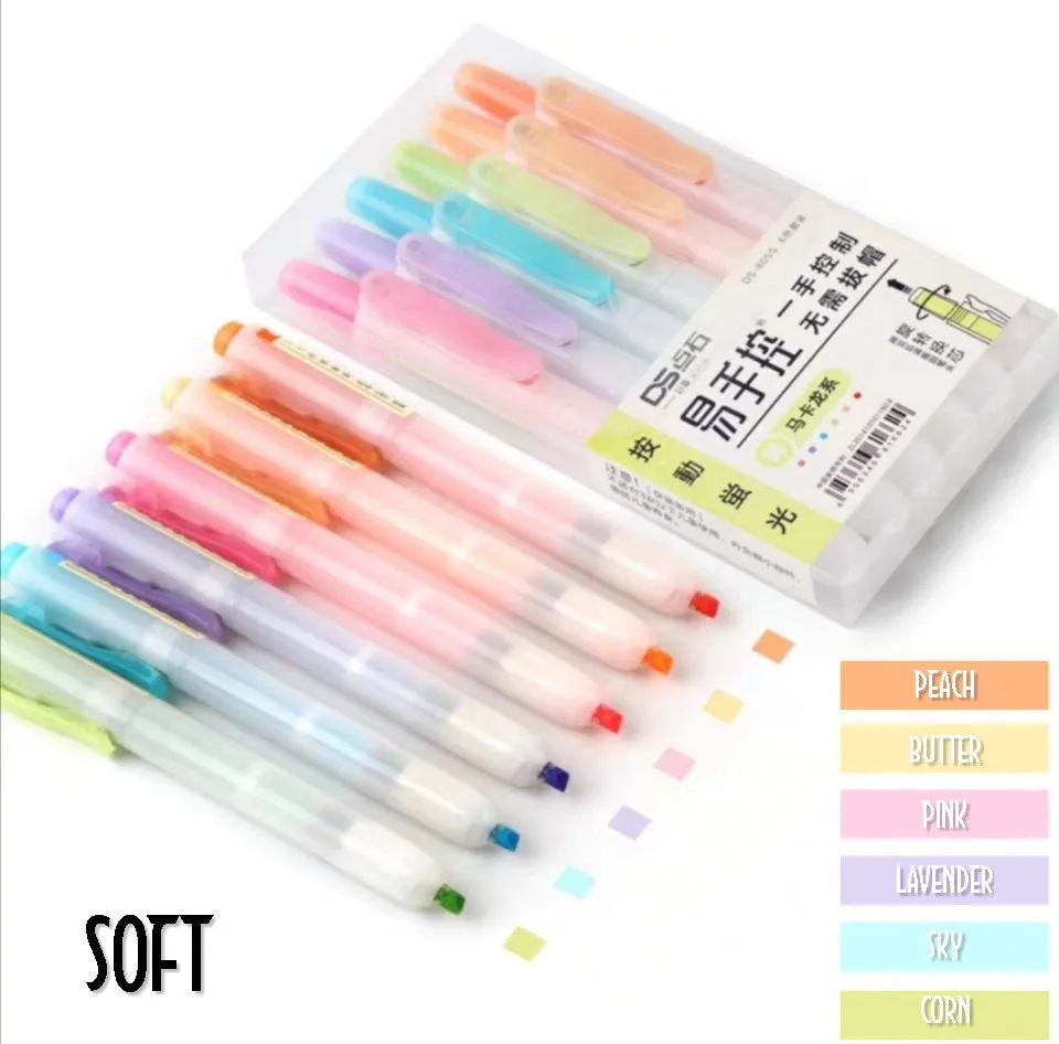 Dianshi RETRACTABLE RETRO Color Highlighter Set Refillable Highlighter Set Eco Conscious Four Series Six Pen Set 24 Colors | DS-805S