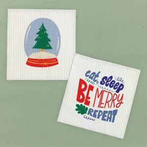 Eat Sleep Be Merry, Snowglobe Tree 2pk - Swedish Dish Cloth