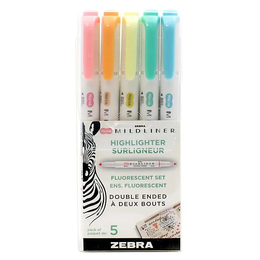 Zebra Mildliner Double Ended Highlighter 5pk Fluorescent Set